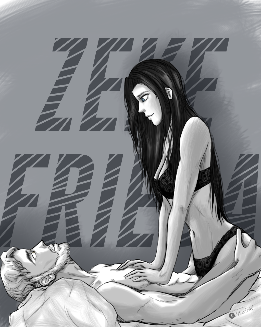 1boy, 1girl, bed, character_name, couple, frieda_reiss, girl_on_top, greyscale