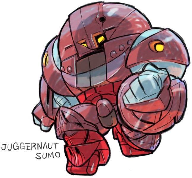 aburaya_tonbi, character_name, chibi, clenched_hands, full_body, fusion, gundam, juggernaut_(x-men)