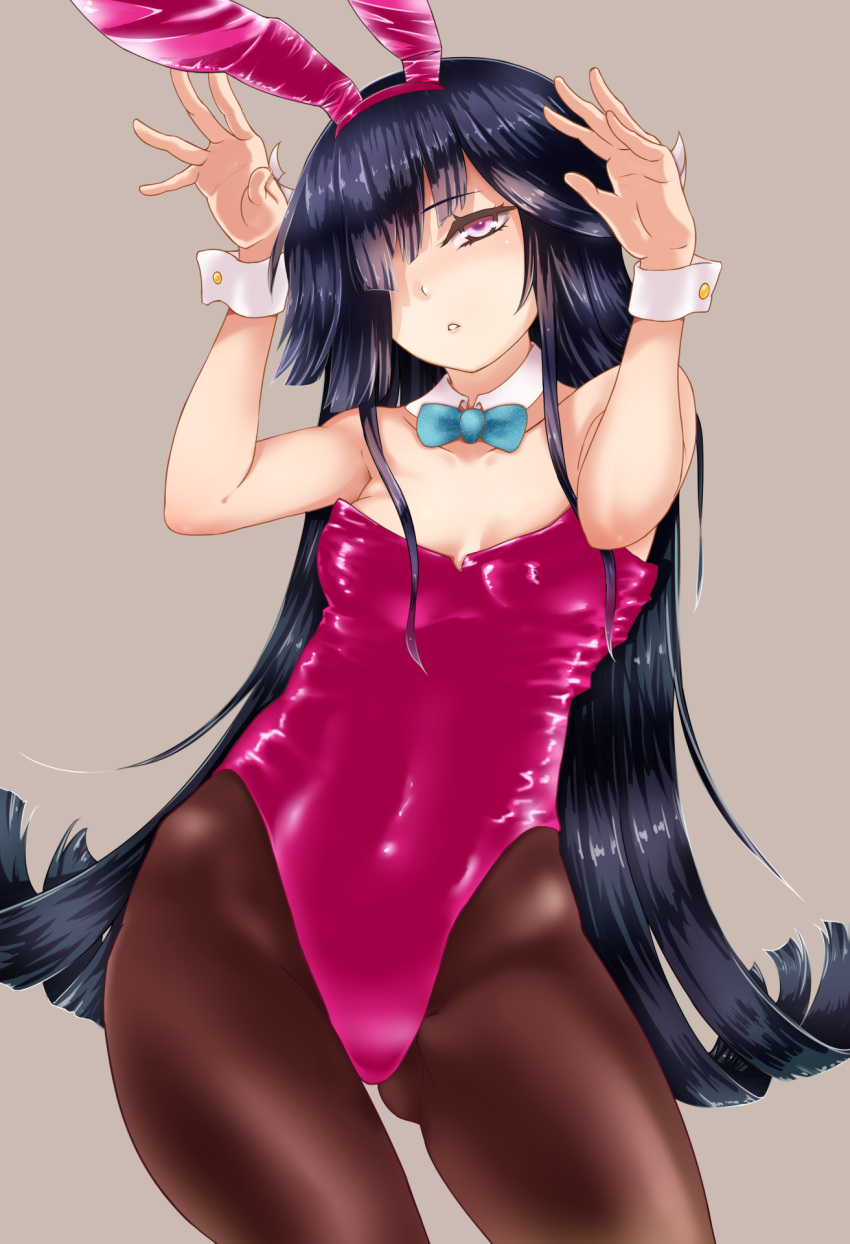 1girl, adapted_costume, animal_ears, black_hair, bow, bowtie, brown_legwear, bunny_girl