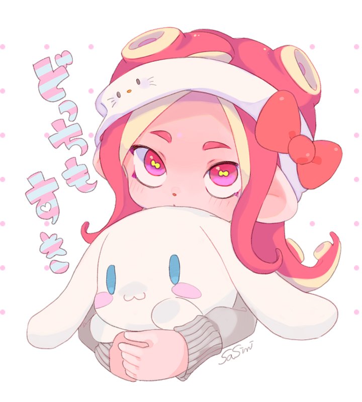 1girl, cephalopod_eyes, character_doll, cinnamoroll, cropped_torso, headband, hello_kitty, hello_kitty_(character)