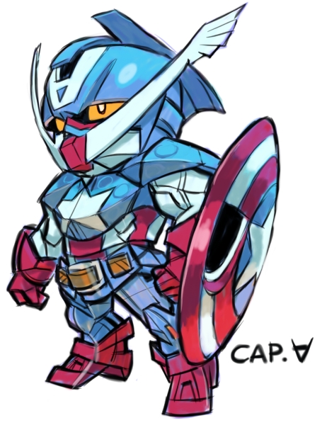 aburaya_tonbi, captain_america, character_name, chibi, full_body, fusion, gundam, looking_away