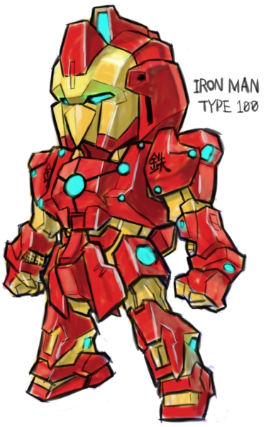 aburaya_tonbi, aqua_eyes, character_name, chibi, full_body, fusion, glowing, gundam, hyaku_shiki, iron_man, iron_man_(comics), looking_away, marvel, mechanization, simple_background, solo, standing, white_background, zeta_gundam
