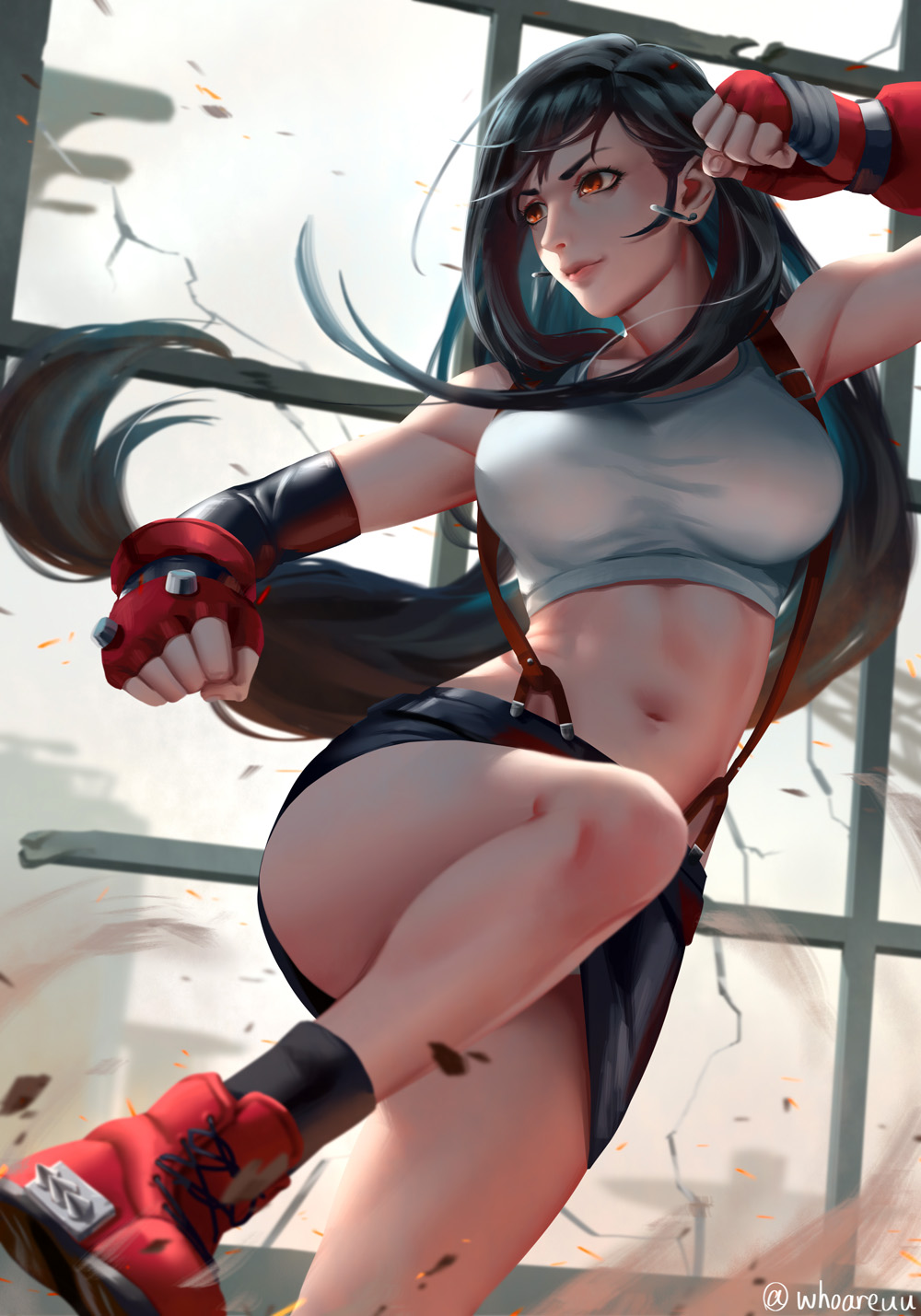 1girl, bare_shoulders, breasts, brown_eyes, clenched_hands, closed_mouth, crop_top, debris