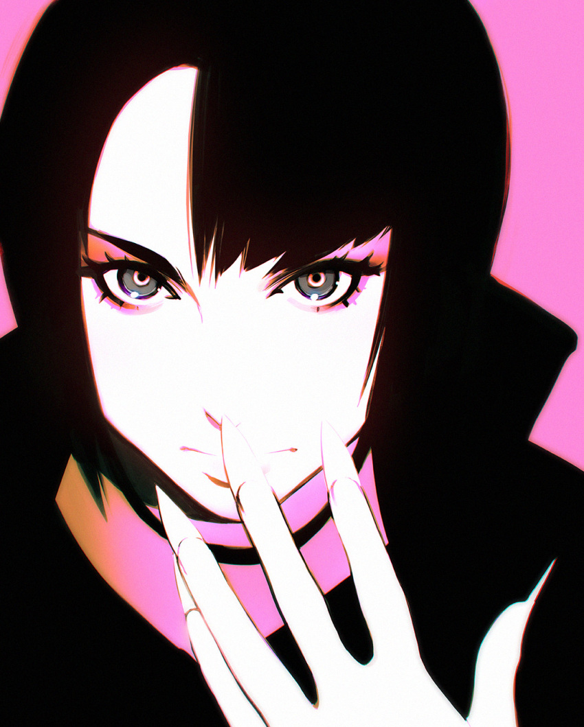 1girl, black_hair, choker, close-up, face, fingernails, grey_eyes, high_collar