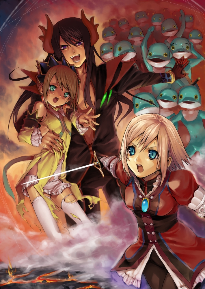 2girls, alternate_costume, armor, estellise_sidos_heurassein, horns, karol_capel, monster, multiple_girls