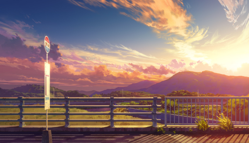 bozu_(ogiyama), bridge, bus_stop, clouds, forest, gradient_sky, grass, handrail, mountain, nature, no_humans, original, river, road_sign, scenery, shadow, sign, sky, sunset
