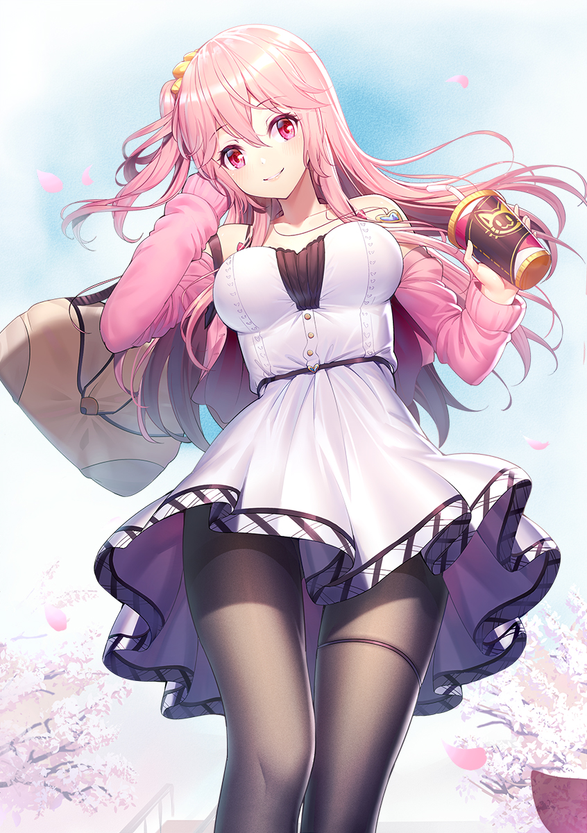 1girl, arm_up, bag, bangs, bare_shoulders, bendy_straw, black_legwear, blue_sky