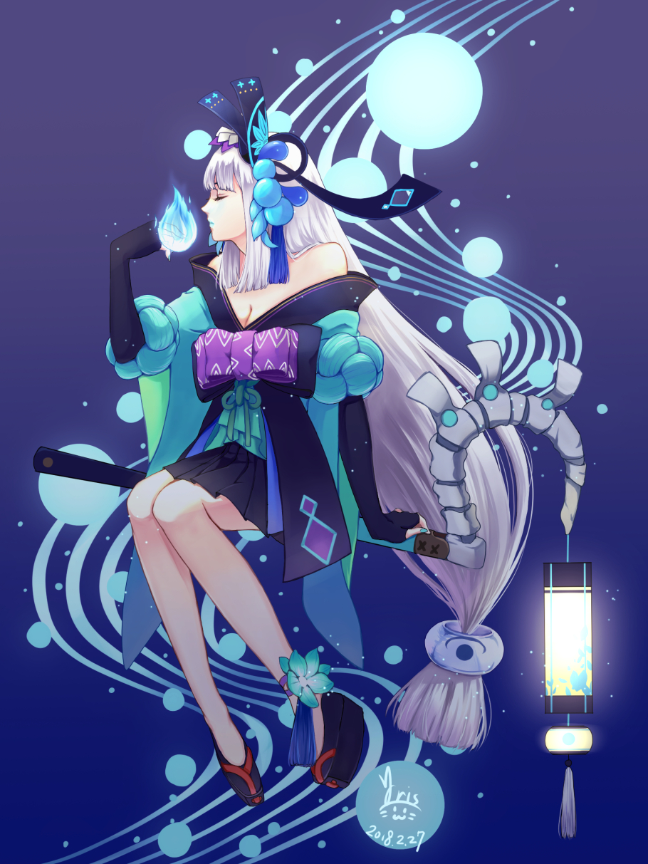 1girl, absurdly_long_hair, aoandon, aqua_nails, bare_shoulders, black_gloves, black_skirt, blue_background