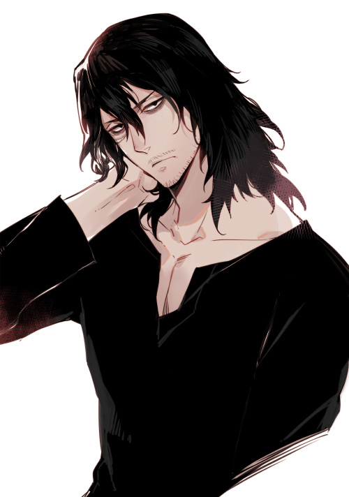 1boy, aizawa_shouta, bags_under_eyes, black_hair, boku_no_hero_academia, facial_hair, hand_behind_head, henley_shirt