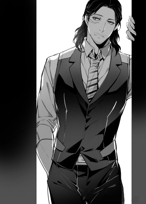 1boy, aizawa_shouta, black_hair, boku_no_hero_academia, formal, hair_up, leaning_to_the_side, male_focus, mescaline, monochrome, necktie, scar, solo, standing, vest, waistcoat
