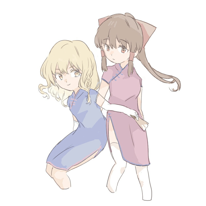 2girls, alternate_costume, arm_around_back, arm_around_waist, blonde_hair, bow, brown_hair, butt_bump