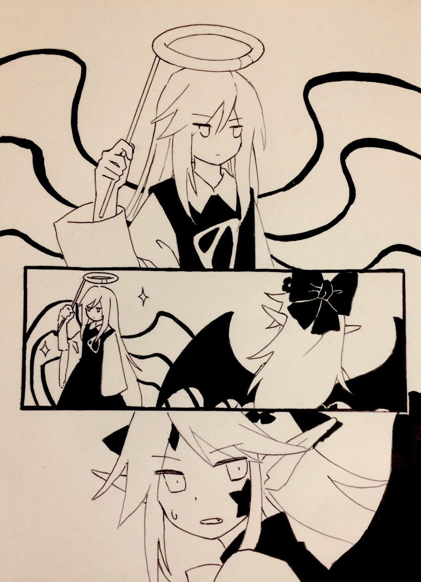 2girls, bow, comic, elis_(touhou), fake_halo, fang, hair_between_eyes, hair_bow, highres, holding, kaigen_1025, long_hair, long_sleeves, monochrome, multiple_girls, no_nose, open_mouth, pointy_ears, sariel, silent_comic, sparkle, sweatdrop, touhou, touhou_(pc-98), upper_body, very_long_hair, wings