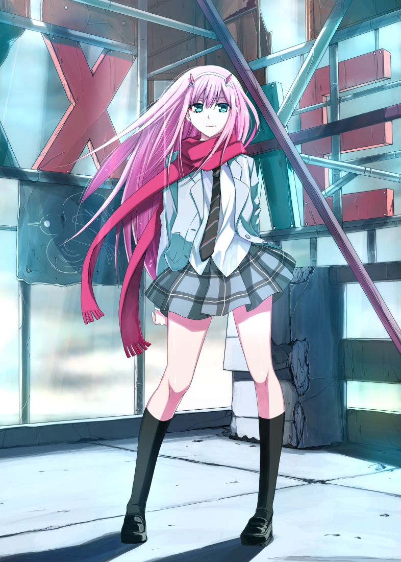 1girl, aqua_eyes, arms_behind_back, bangs, black_legwear, breasts, commentary_request, darling_in_the_franxx