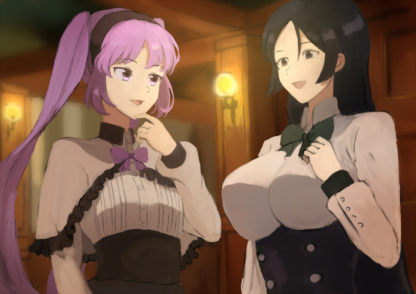 2girls, alternate_costume, aonoha_ao, bangs, black_bow, black_eyes, black_hair, black_hairband, bow, bowtie, breasts, commentary_request, fate/grand_order, fate_(series), flat_chest, hair_between_eyes, hairband, highres, lamp, large_breasts, long_hair, long_sleeves, minamoto_no_raikou_(fate/grand_order), multiple_girls, open_mouth, purple_bow, purple_hair, stheno, twintails, upper_body, violet_eyes
