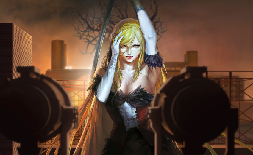 1girl, bare_shoulders, breasts, cleavage, crossing, dress, elbow_gloves, gloves