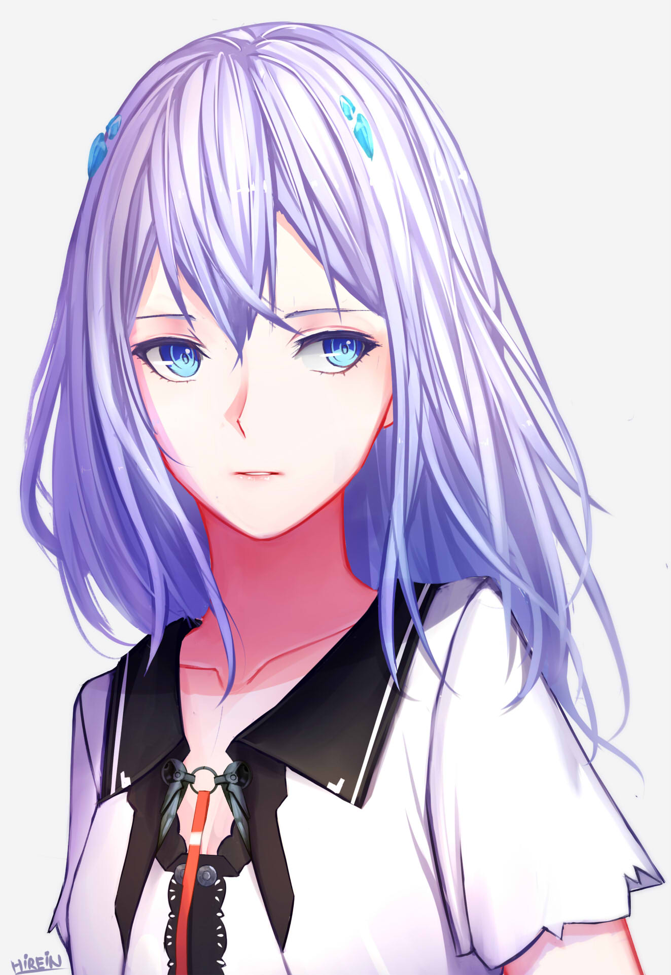 1girl, artist_name, beatless, blue_eyes, breasts, cleavage, collarbone, grey_background