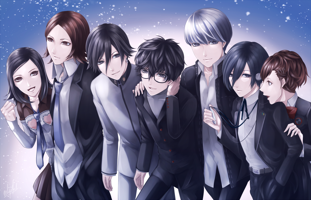 2girls, 5girls, :d, amamiya_ren, amano_maya, bangs, black-framed_eyewear, black_blazer, black_eyes, black_pants, black_ribbon, black_skirt, blazer, blue_neckwear, bow, bowtie, brown_eyes, brown_hair, cowboy_shot, dress_shirt, earphones, female_protagonist_(persona_3), glasses, grey_eyes, grey_shirt, hair_ornament, hand_in_pocket, hand_on_another's_shoulder, hands_in_pocket, heart, heart_print, jacket, looking_at_viewer, miniskirt, multiple_girls, narukami_yuu, neck_ribbon, necktie, open_blazer, open_clothes, open_jacket, open_mouth, pants, pean_(mizuki613), persona, pleated_skirt, red_bow, ribbon, shirt, short_hair, silver_hair, skirt, smile, standing, suou_tatsuya, swept_bangs, toudou_naoya, yuuki_makoto