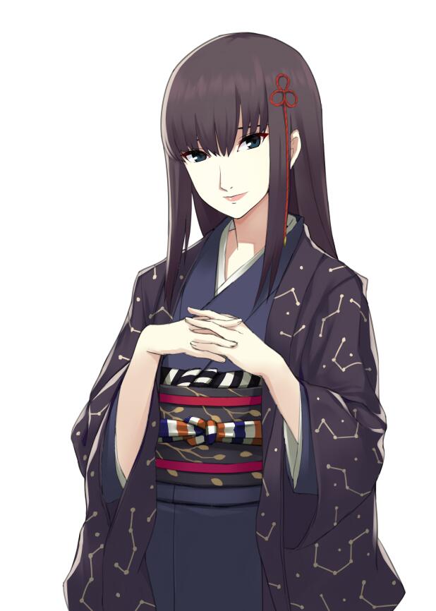 1girl, bangs, black_eyes, blunt_bangs, brown_hair, hair_between_eyes, hair_ornament, japanese_clothes