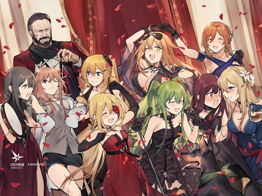 1boy, 6+girls, ahoge, alcohol, alternate_costume, alternate_hairstyle, animal_ears, arm_around_shoulder