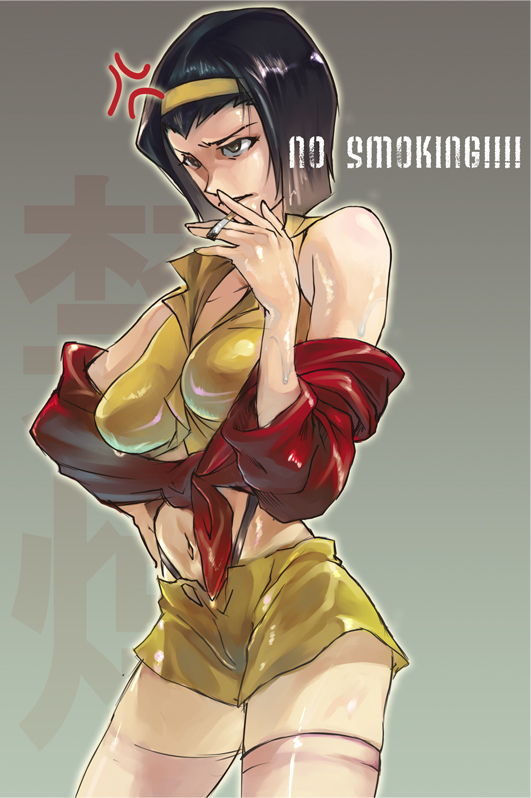 bare_shoulders, black_hair, brown_eyes, cigarette, cowboy_bebop, faye_valentine, hairband, midriff