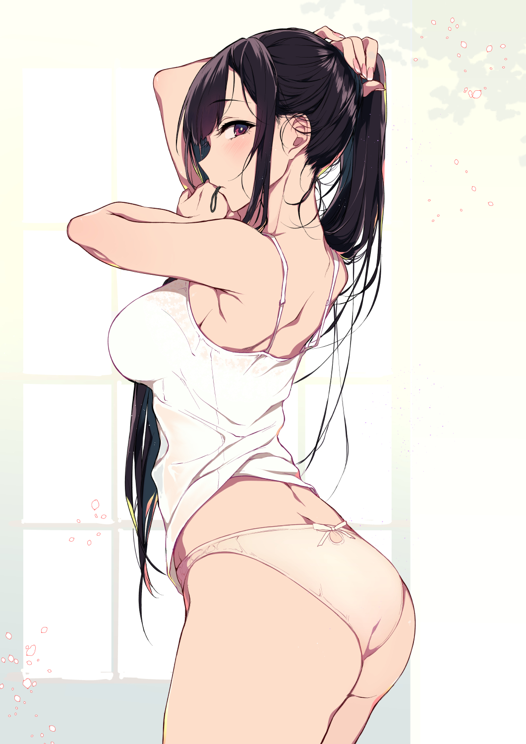 1girl, ane_naru_mono, ass, black_hair, breasts, bright_pupils, camisole, chiyo_(ane_naru_mono)