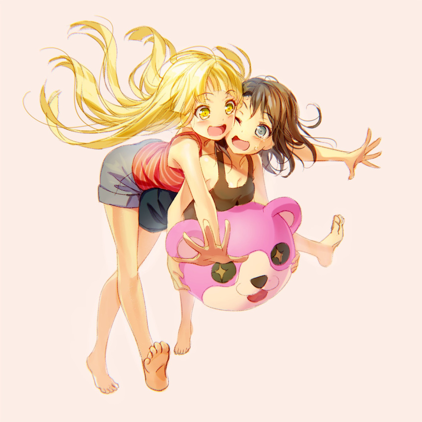 +_+, 2girls, :d, ;d, bang_dream!, bangs, barefoot, black_hair