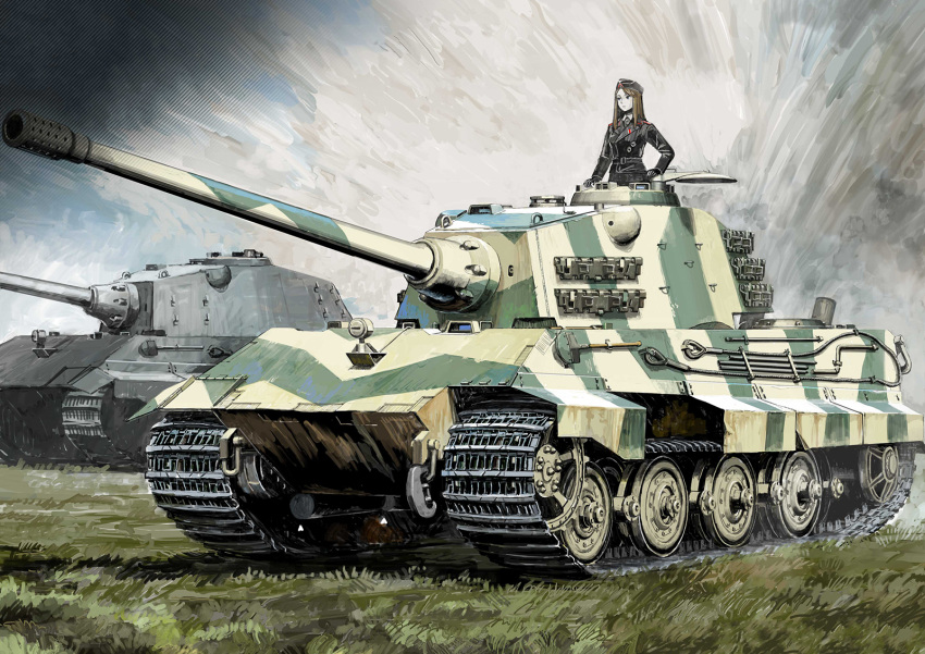 1girl, cannon, caterpillar_tracks, commentary, entwicklung_75, grass, ground_vehicle, highres