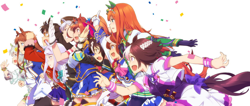 6+girls, animal_ears, artist_request, blue_eyes, braid, brown_hair, daiwa_scarlet, daiwa_scarlet_(umamusume)