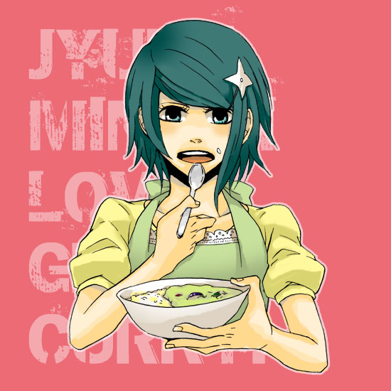 blue_eyes, blue_hair, bowl, food, hair_ornament, hairclip, minami_juji, nabari_no_ou