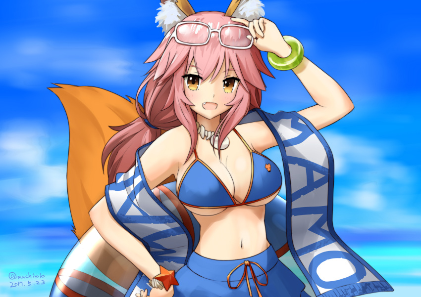 1girl, animal_ears, bikini, blue_bikini, breasts, cleavage, day, fang