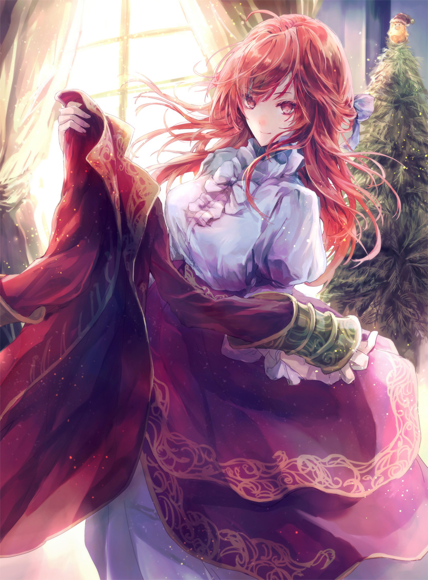 1girl, bow, character_request, children_of_the_rune, christmas_tree, curtains, dress, dress_lift