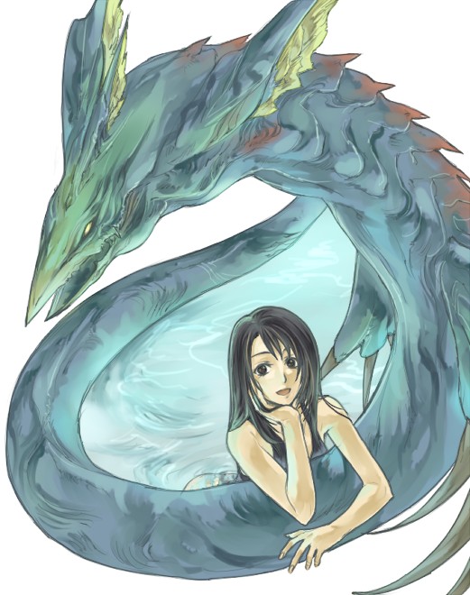 1girl, black_hair, breasts, final_fantasy, final_fantasy_viii, leviathan_(final_fantasy), long_hair, looking_at_viewer, open_mouth, rinoa_heartilly, smile