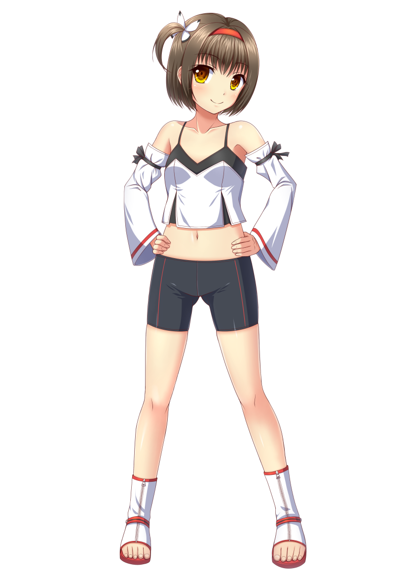 1girl, bike_shorts, brown_eyes, brown_hair, camisole, collarbone, detached_sleeves, eyebrows_visible_through_hair