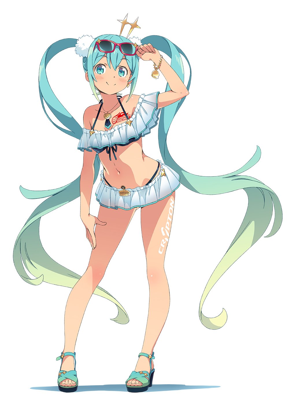 1girl, :d, aqua_eyes, aqua_hair, bangs, bare_shoulders, bikini, bikini_skirt