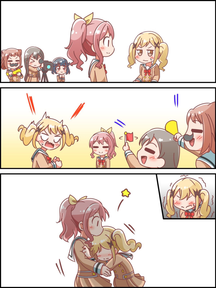 >_<, 5girls, =_=, bang_dream!, bang_dream!_girls_band_party!, black_hair, brown_dress, brown_hair