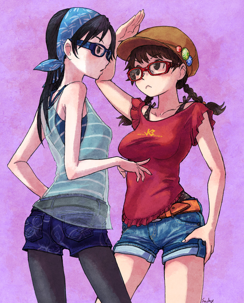 2girls, :<, arm_up, artist_name, bandanna, bare_shoulders, belt, black_eyes