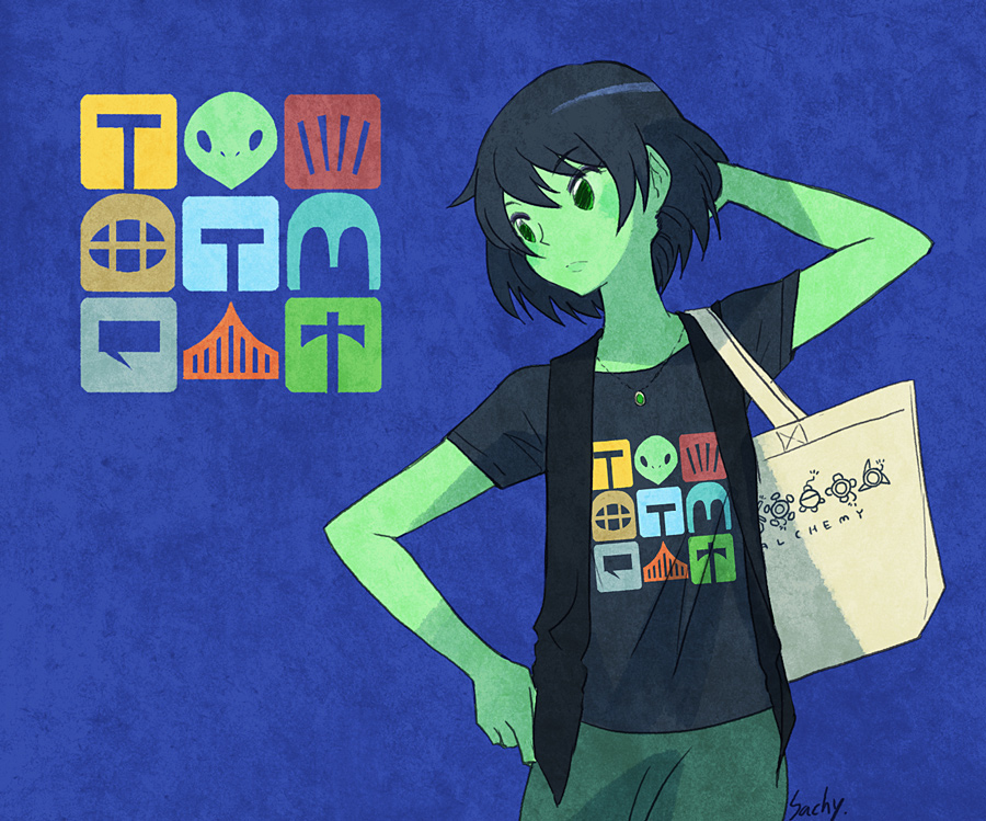 1girl, artist_name, bag, black_hair, blue_background, casual, contemporary, expressionless