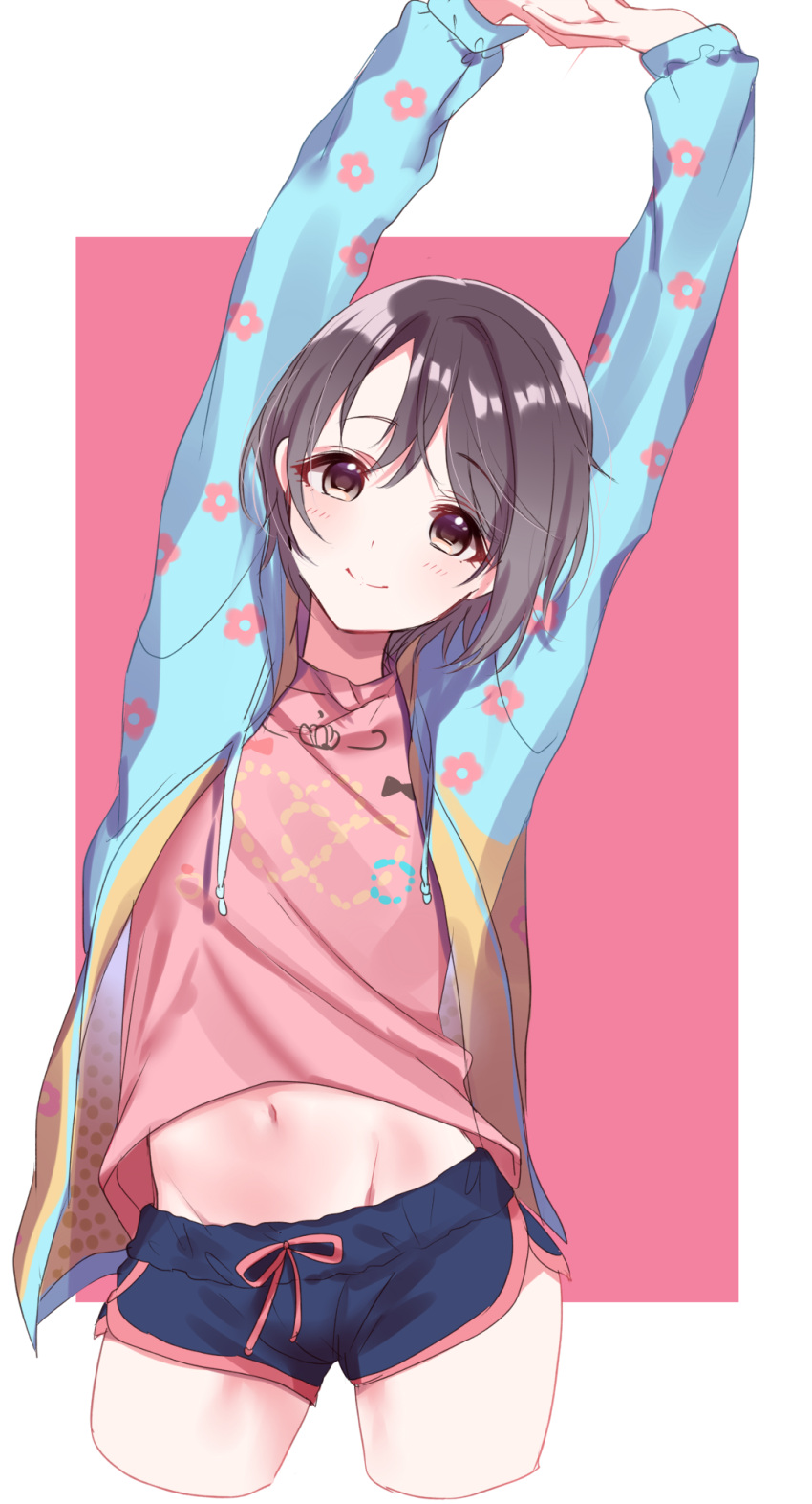 1girl, arms_up, bare_legs, blue_jacket, blush, bow, bow_print, boyshorts