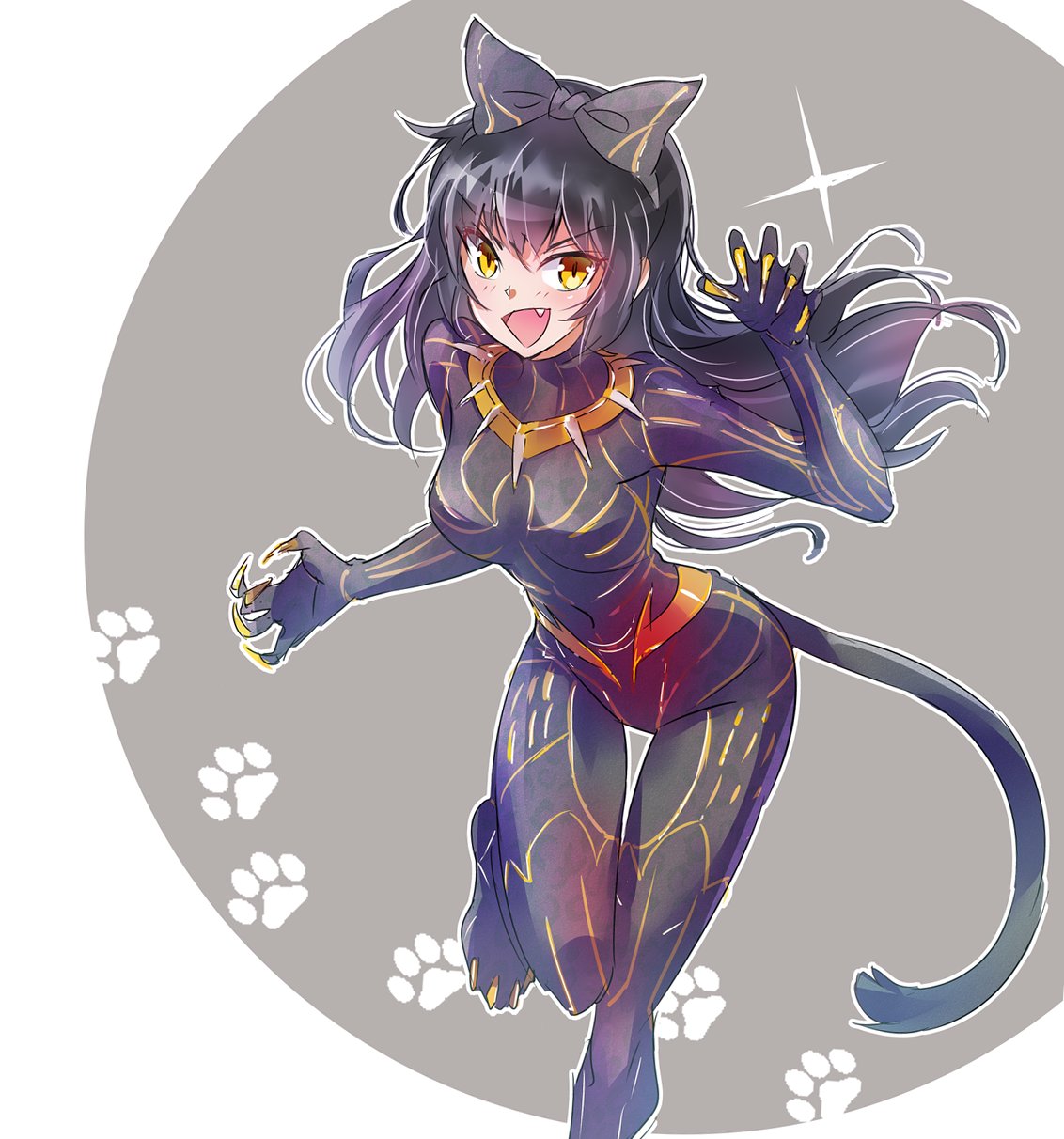 1girl, black_hair, black_panther_(film), blake_belladonna, bodysuit, bow, cat_tail, claws, cosplay, hair_bow, highres, iesupa, killmonger, long_hair, rwby, solo, tail, yellow_eyes