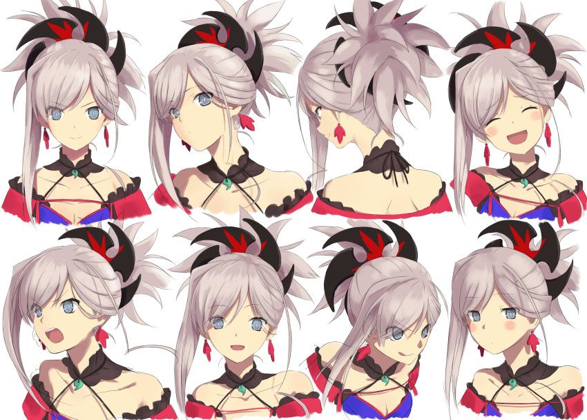 1girl, :d, absurdres, angry, asymmetrical_hair, bare_shoulders, blue_eyes, blue_kimono
