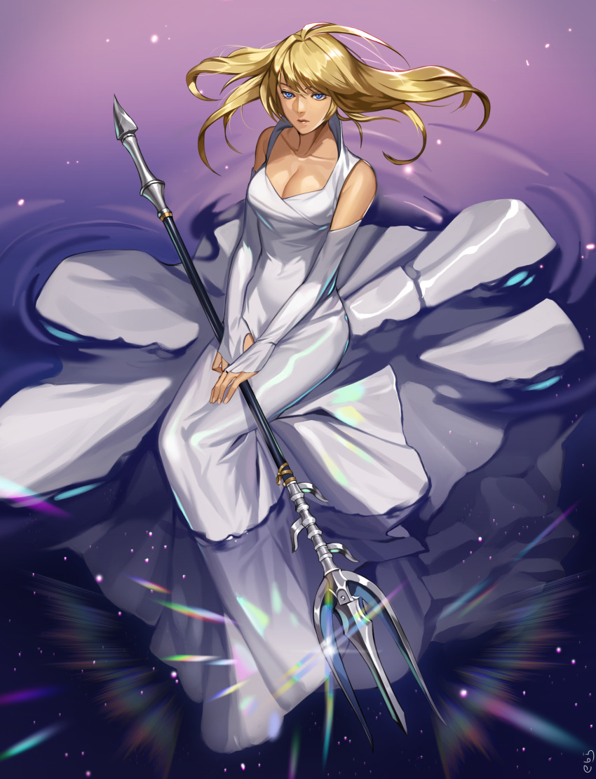 1girl, absurdres, bare_shoulders, blonde_hair, blue_eyes, breasts, cleavage, collarbone