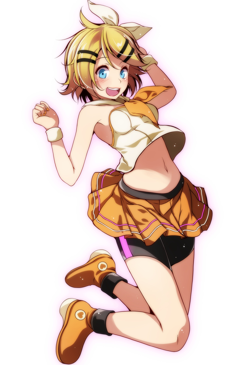 1girl, bike_shorts, black_hairclip, blonde_hair, blue_eyes, blush, bow, detached_collar, hair_bow, hair_ribbon, hand_on_own_head, heart, highres, jumping, kagamine_rin, lipstick, looking_at_viewer, makeup, midriff, nail_polish, navel, open_mouth, orange_footwear, orange_skirt, pleated_skirt, ribbon, shirt, shirt_lift, shoes, short_hair, skirt, sleeveless, sleeveless_shirt, smile, solo, strapless_shirt, tsukishiro_saika, vocaloid, white_bow, yellow_nails
