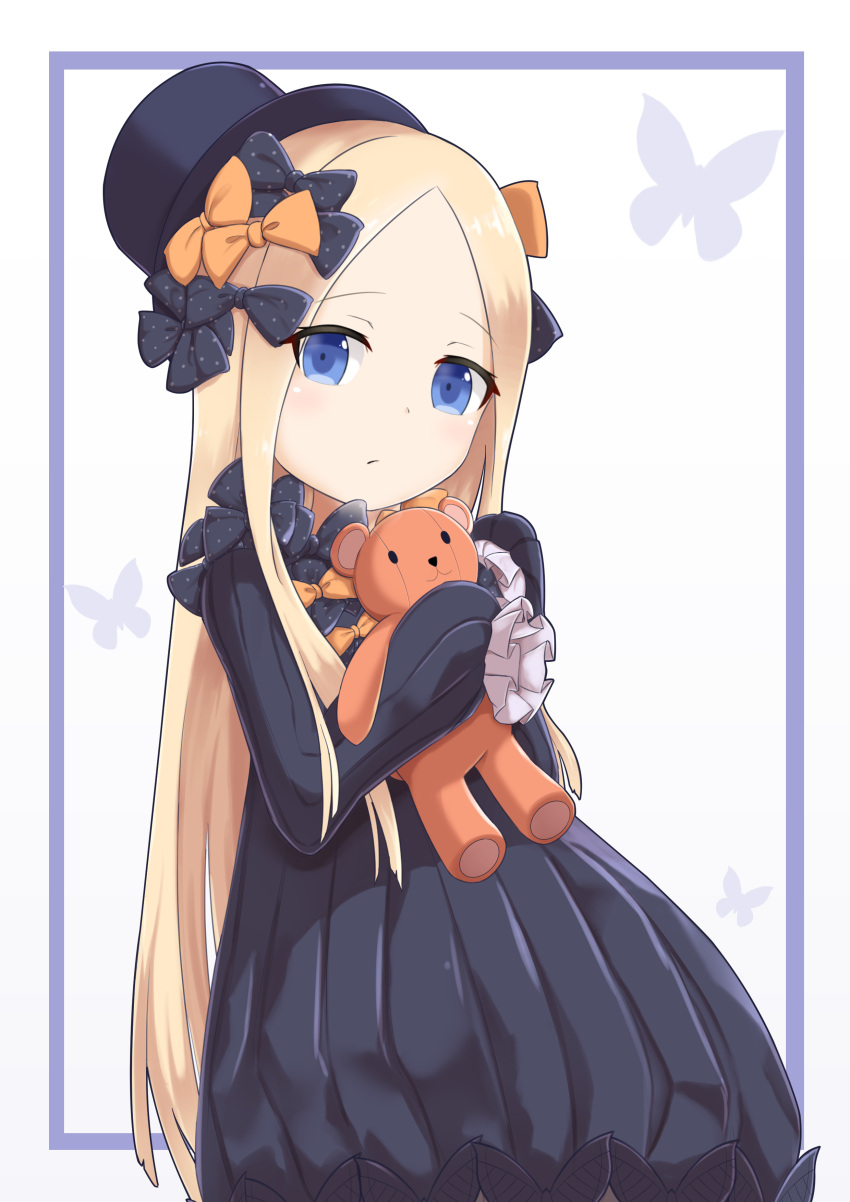 1girl, abigail_williams_(fate/grand_order), absurdres, bangs, black_bow, black_dress, black_hat, blonde_hair