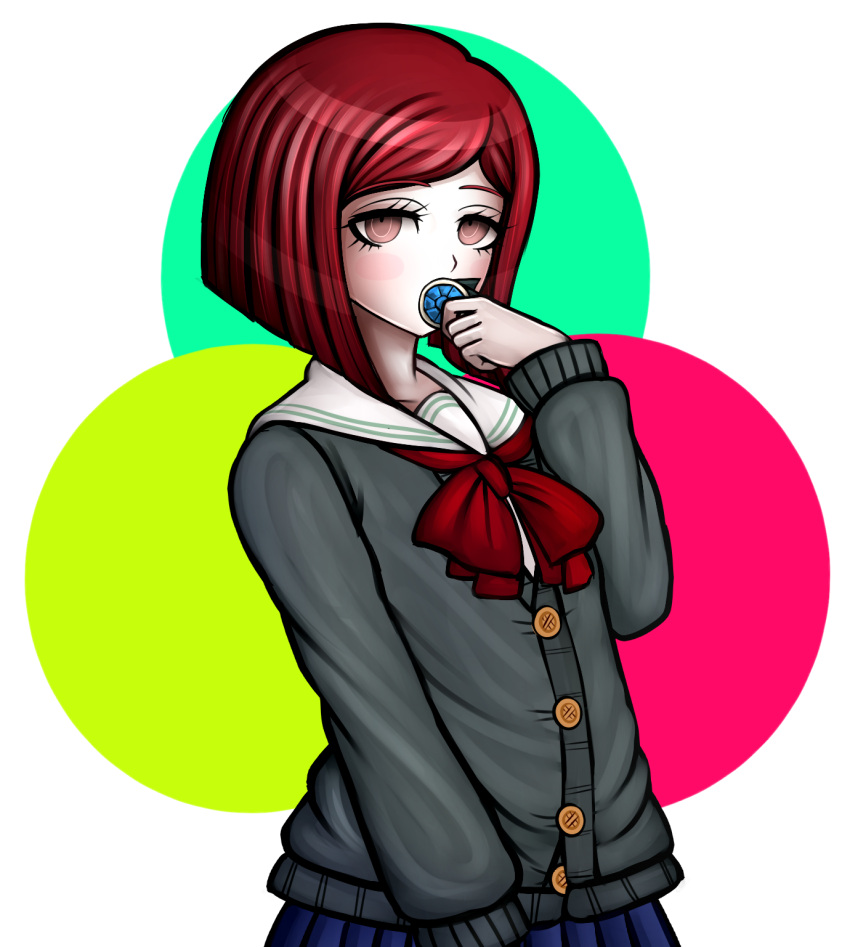 1girl, blush_stickers, brown_eyes, dangan_ronpa, highres, holding, kurokku-tokei, looking_at_viewer
