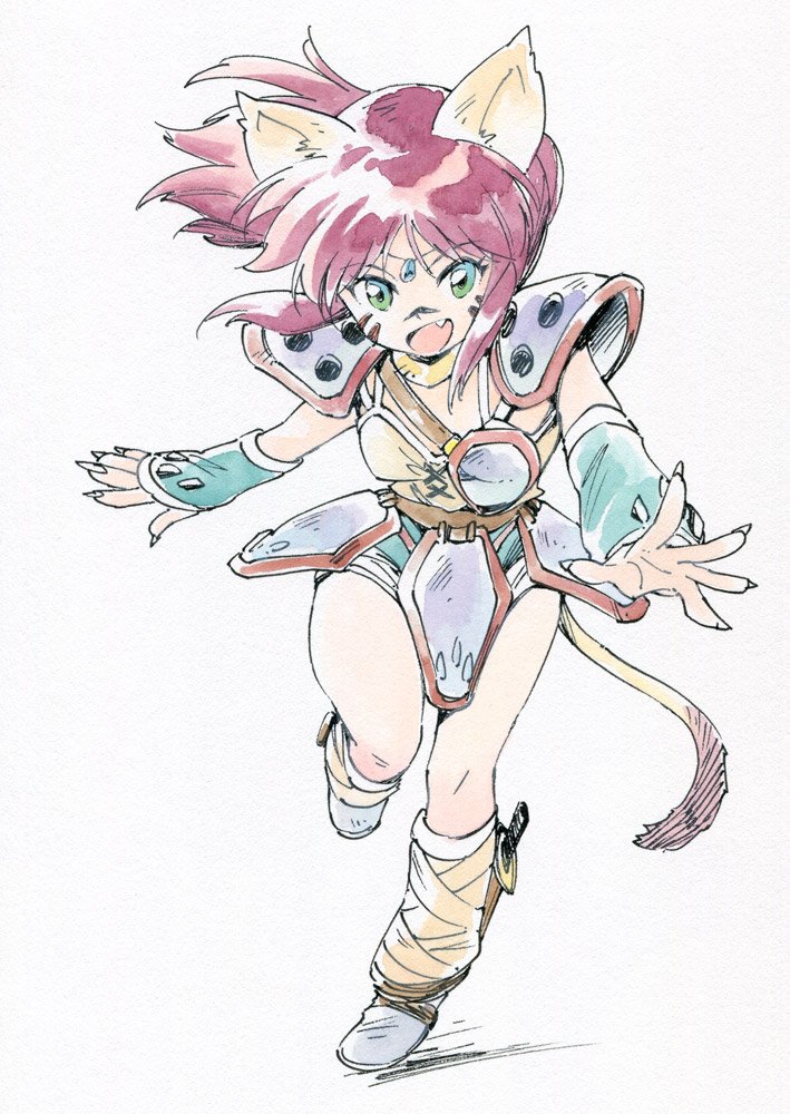 1girl, animal_ears, armor, cat_ears, cat_tail, fang, full_body, green_eyes