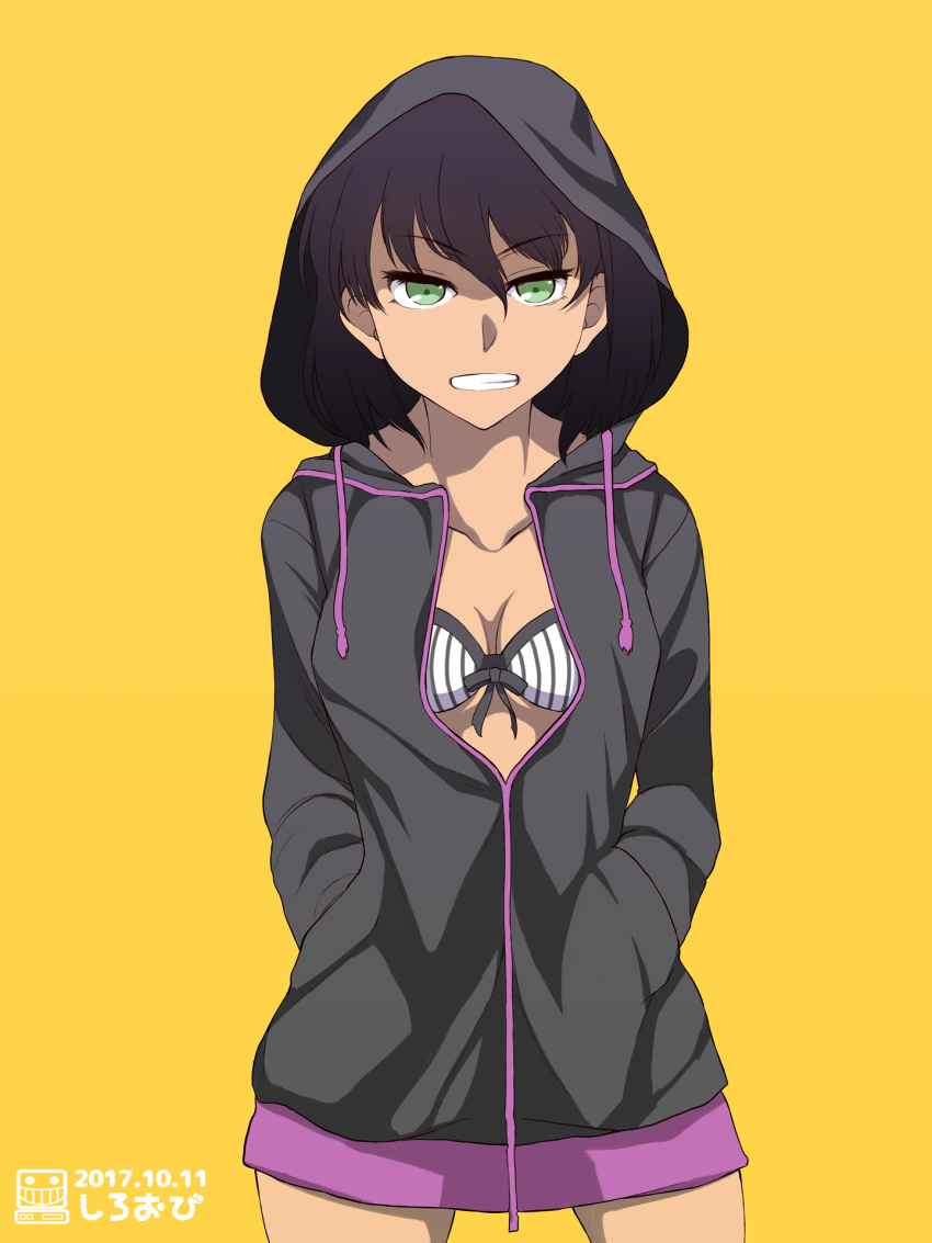 2017, alternate_costume, breasts, brown_hair, cleavage, dark_skin, dated, drawing