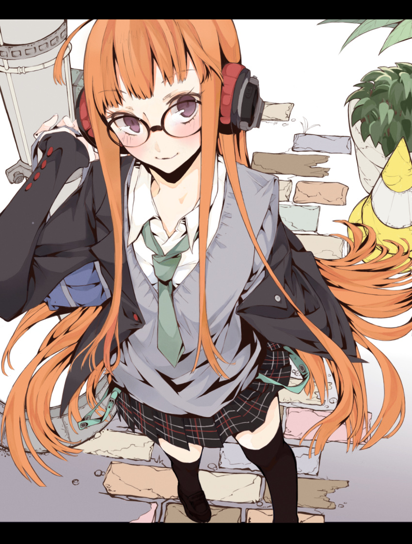 1girl, ahoge, alternate_costume, black-framed_eyewear, blush, cardigan, from_above, glasses