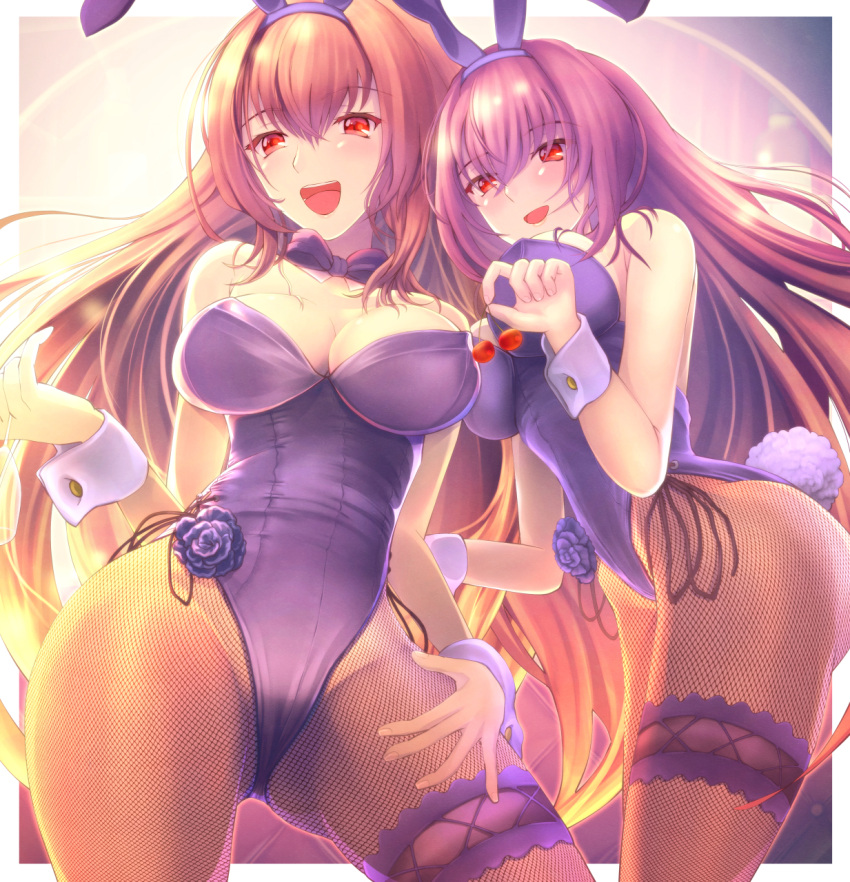 2girls, :d, animal_ears, bare_shoulders, blush, bow, bowtie, breasts