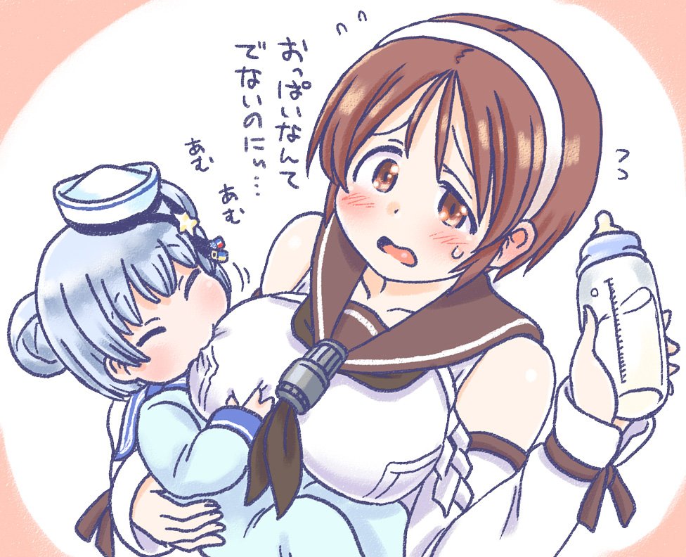 2girls, baby, baby_bottle, black_ribbon, blue_hair, bottle, breast_sucking, breast_sucking_through_clothes, breasts, brown_eyes, brown_hair, brown_sailor_collar, closed_eyes, commentary_request, detached_sleeves, dixie_cup_hat, double_bun, fukidamari_no_peke, hairband, hat, hat_ribbon, kantai_collection, large_breasts, military_hat, multiple_girls, natori_(kantai_collection), ribbon, sailor_collar, samuel_b._roberts_(kantai_collection), school_uniform, serafuku, short_hair, translation_request, upper_body, white_hairband, white_hat