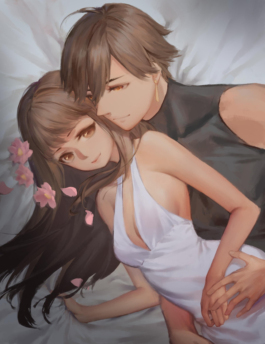 1boy, 1girl, absurdres, ahoge, bangs, bare_shoulders, bed_sheet, black_hair